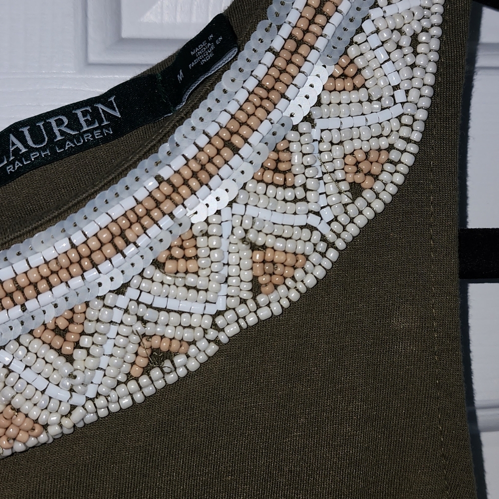 Ralph Lauren Army Green Sleeveless Blouse with Exquisite Beading
